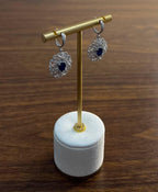 Blue Sapphire White Diamonds Symbol 14K White Gold Statement Scroll Earrings