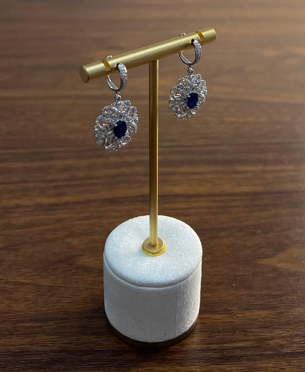 Blue Sapphire White Diamonds Symbol 14K White Gold Statement Scroll Earrings