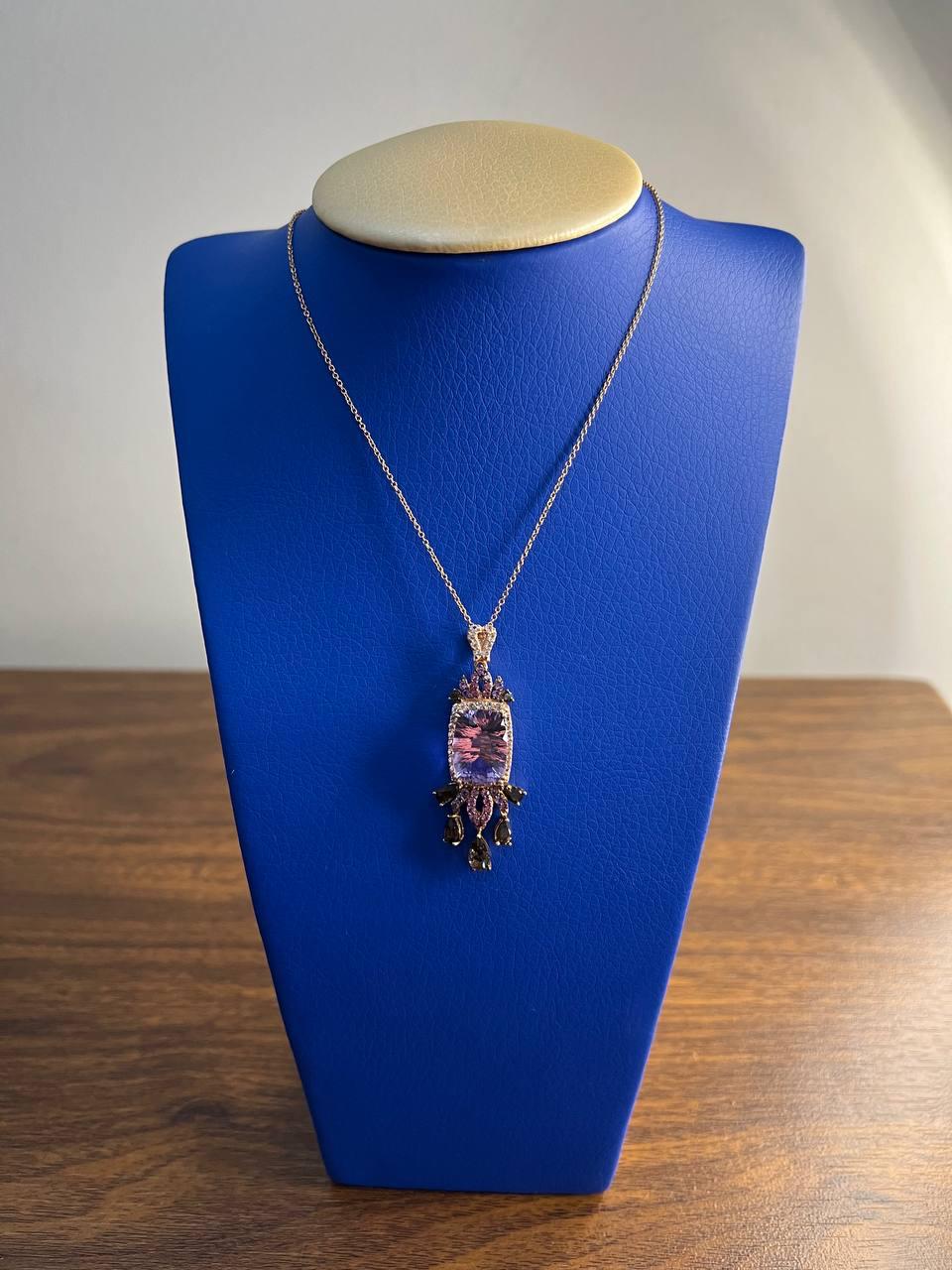 Cushion Purple Amethyst Pink Sapphire Diamonds Halo Rose Gold Pendant Necklace