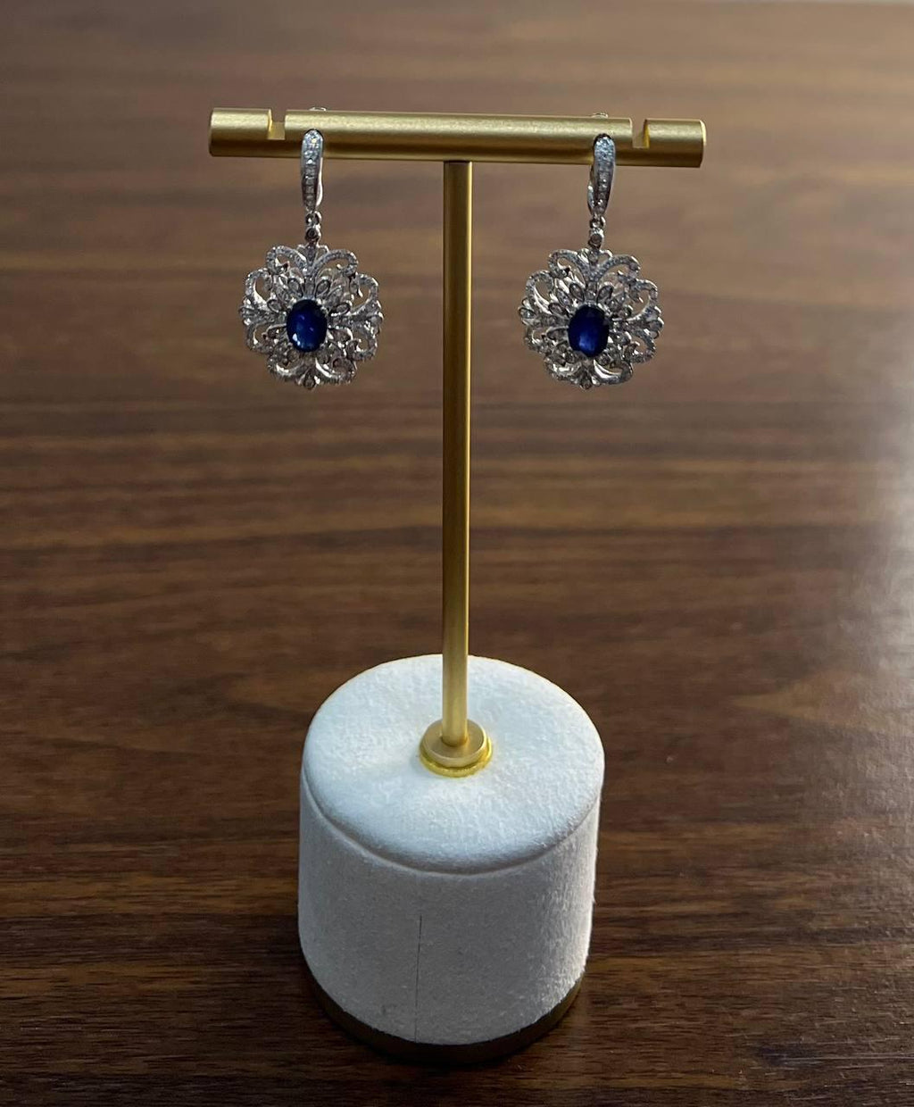 Blue Sapphire White Diamonds Symbol 14K White Gold Statement Scroll Earrings