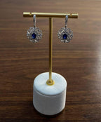 Blue Sapphire White Diamonds Symbol 14K White Gold Statement Scroll Earrings