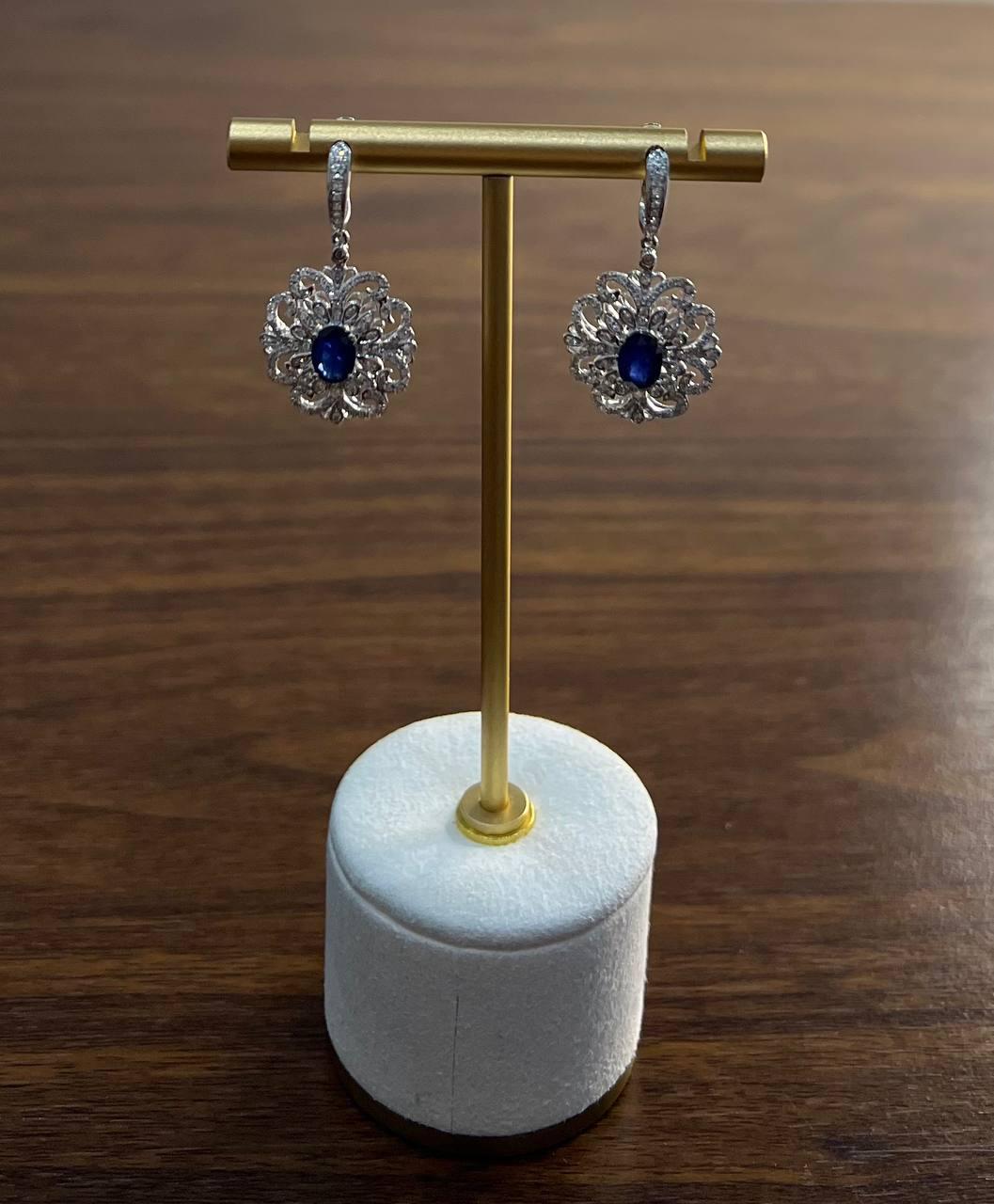 Blue Sapphire White Diamonds Symbol 14K White Gold Statement Scroll Earrings