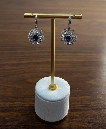 Blue Sapphire White Diamonds Symbol 14K White Gold Statement Scroll Earrings