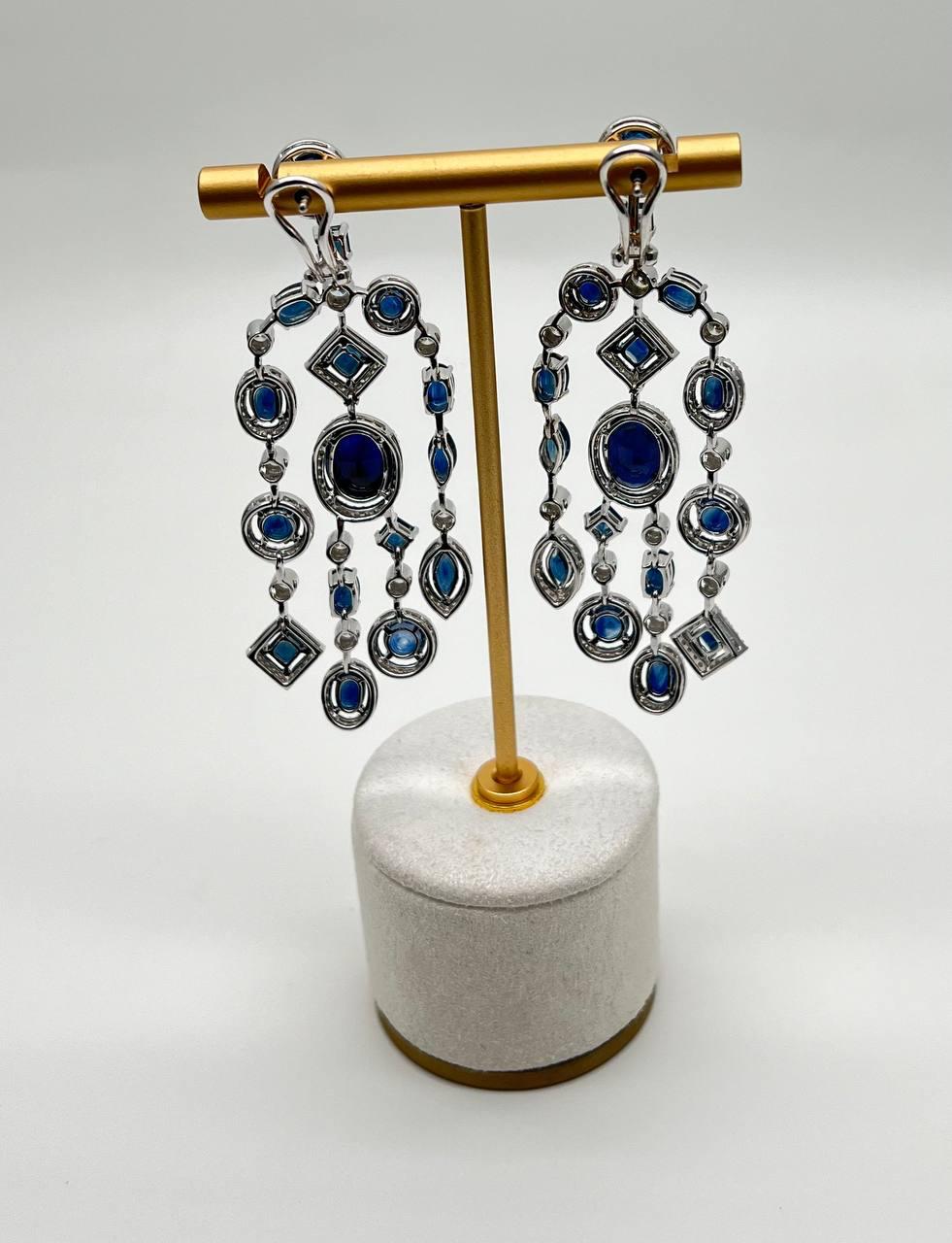 Blue Sapphire Fancy Shape White Diamond 18K White Gold Drop Statement Earrings