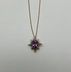 Purple Violet Amethyst Starburst Compass Diamonds Yellow Gold Pendant Necklace