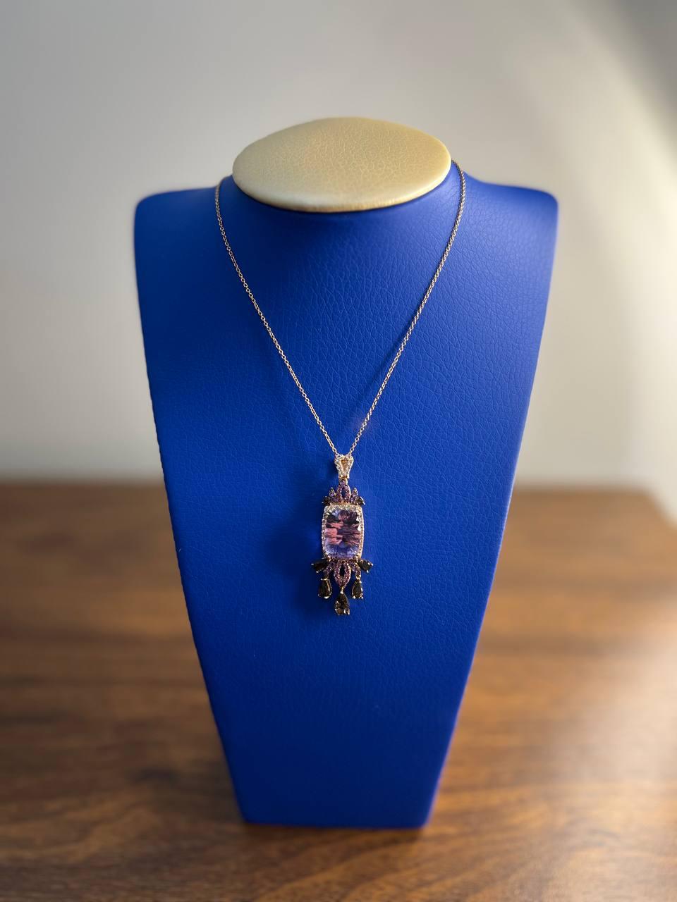 Cushion Purple Amethyst Pink Sapphire Diamonds Halo Rose Gold Pendant Necklace