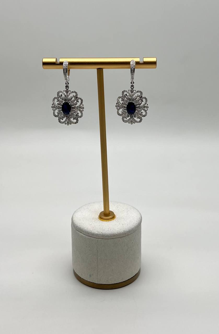 Blue Sapphire White Diamonds Symbol 14K White Gold Statement Scroll Earrings
