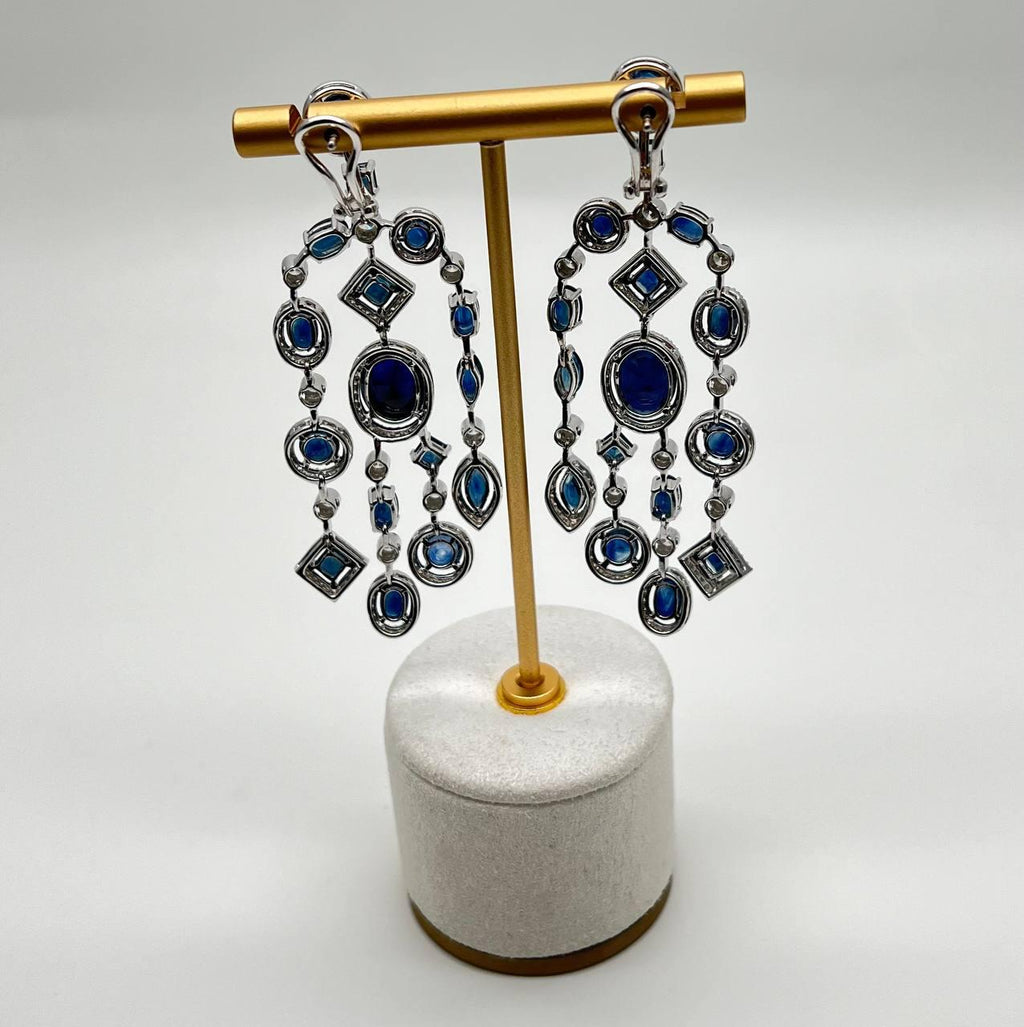Blue Sapphire Fancy Shape White Diamond 18K White Gold Drop Statement Earrings