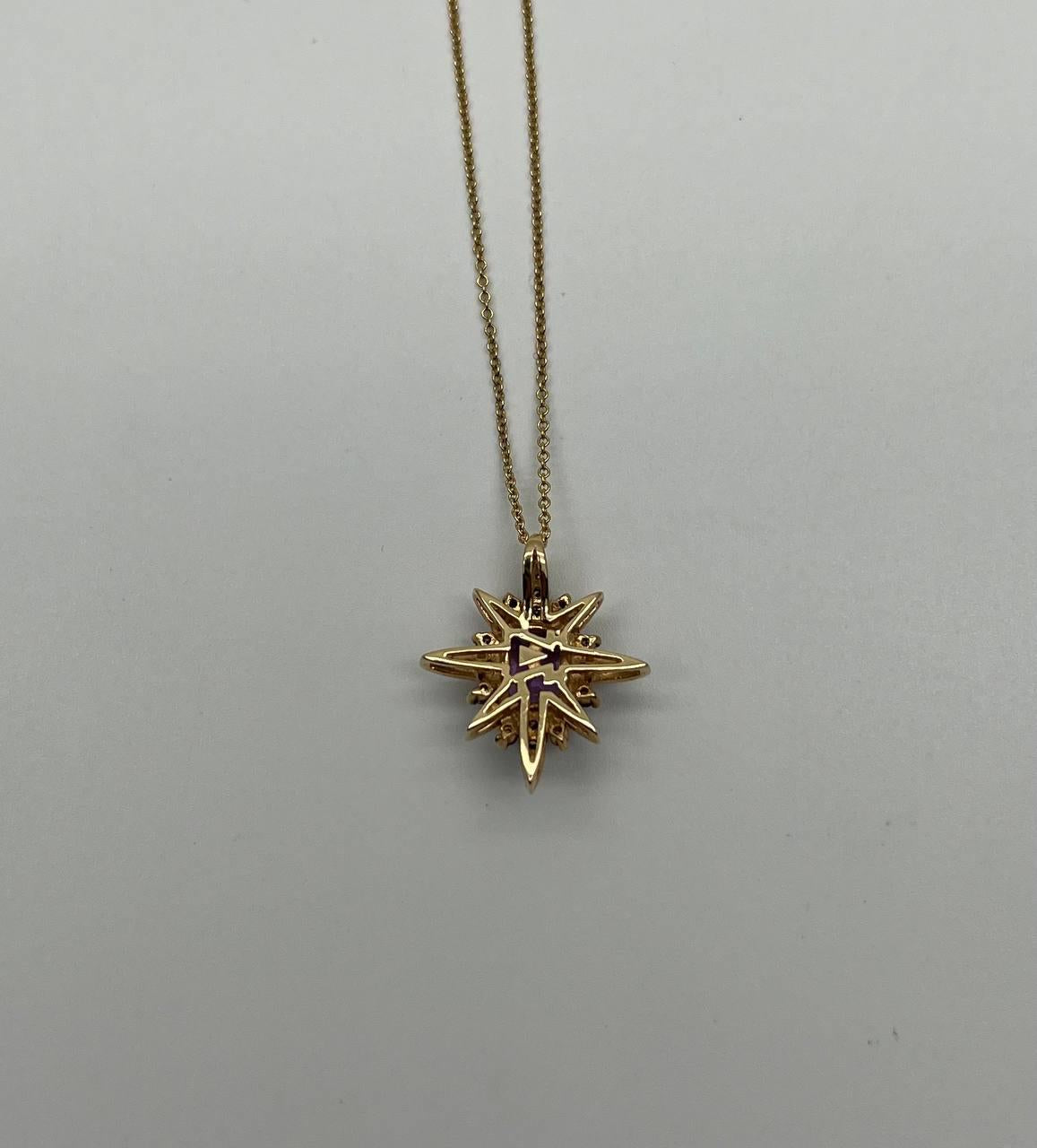 Purple Violet Amethyst Starburst Compass Diamonds Yellow Gold Pendant Necklace