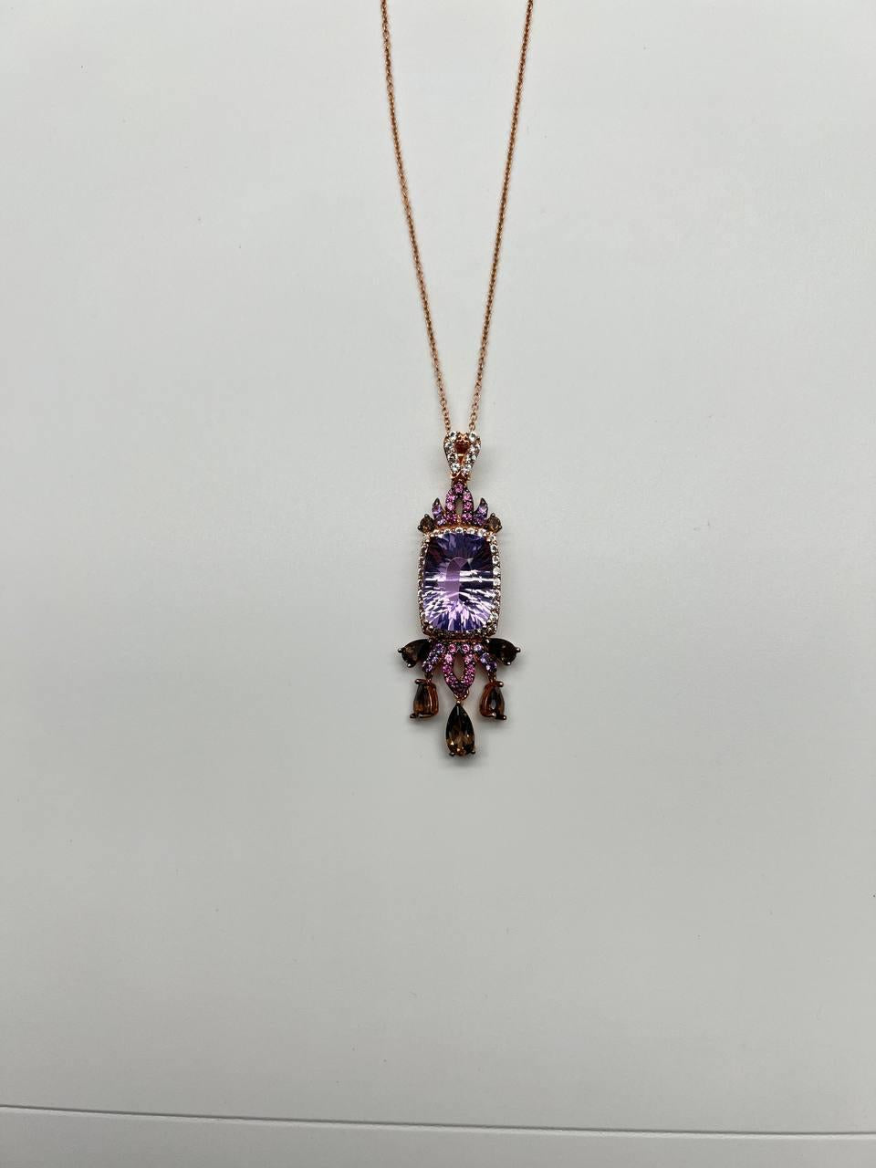 Cushion Purple Amethyst Pink Sapphire Diamonds Halo Rose Gold Pendant Necklace