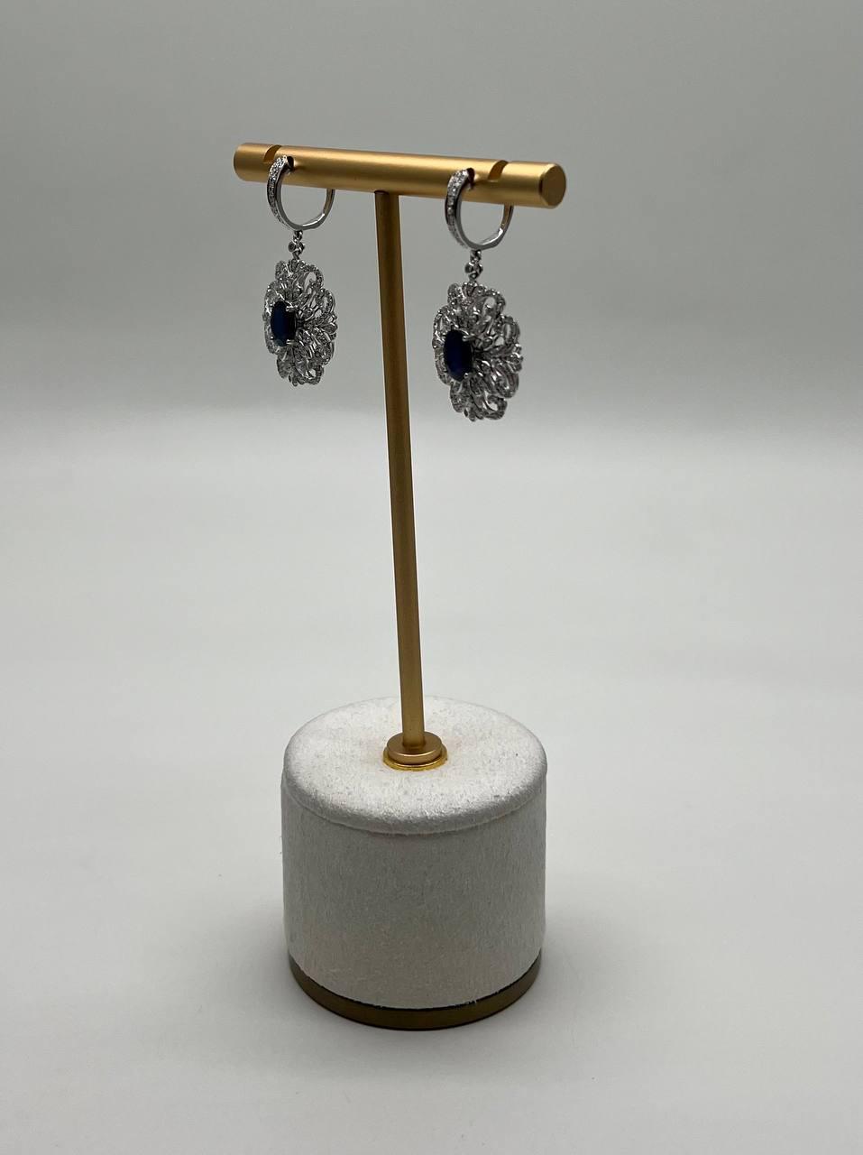 Blue Sapphire White Diamonds Symbol 14K White Gold Statement Scroll Earrings