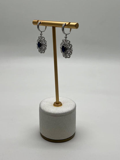 Blue Sapphire White Diamonds Symbol 14K White Gold Statement Scroll Earrings