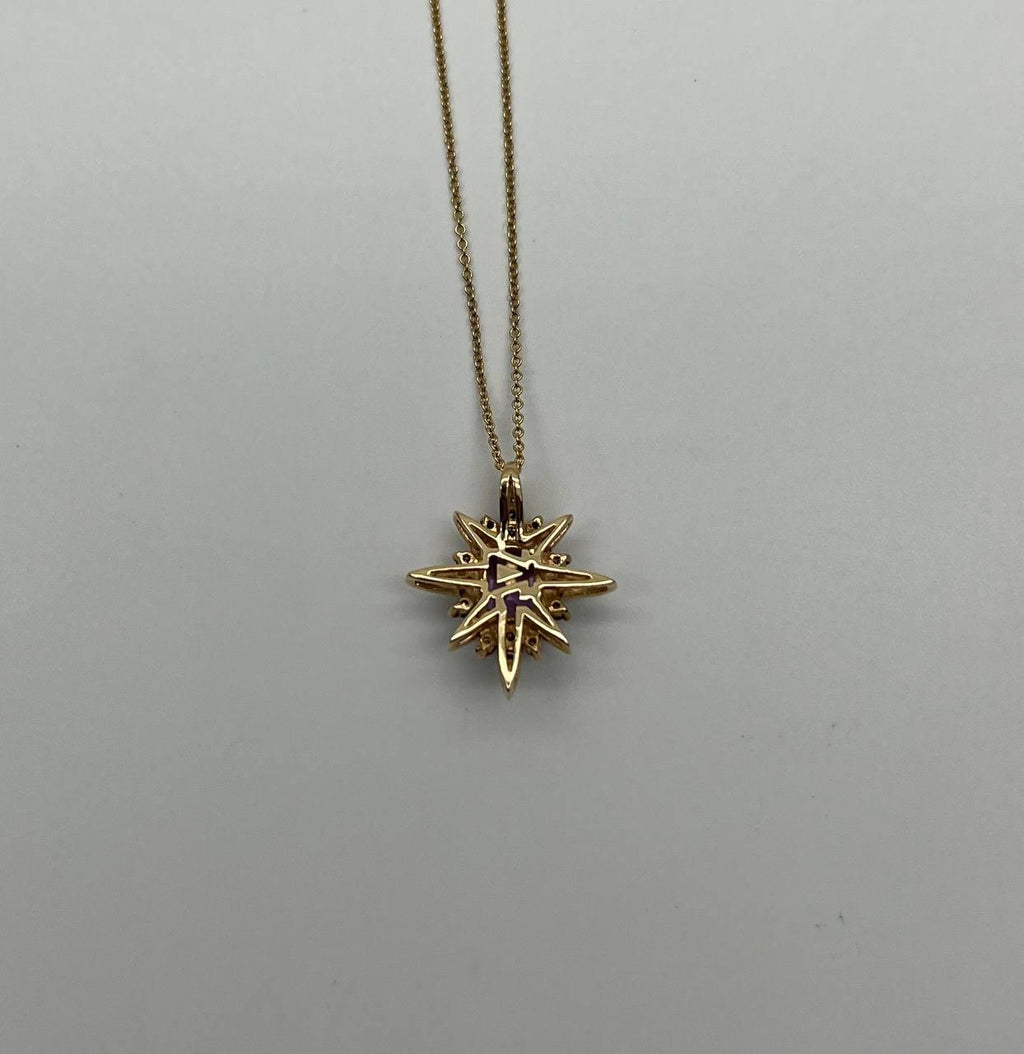 Purple Violet Amethyst Starburst Compass Diamonds Yellow Gold Pendant Necklace