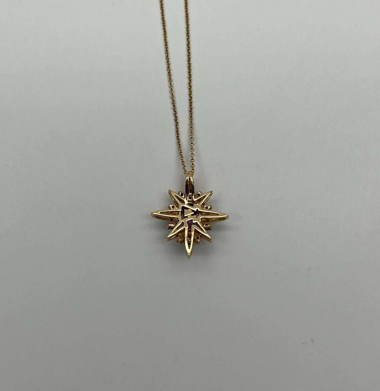 Purple Violet Amethyst Starburst Compass Diamonds Yellow Gold Pendant Necklace
