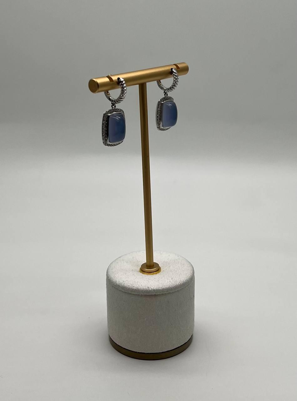 Blue Violet Chalcedony Diamond Halo 14K White Gold Statement Huggie Earrings