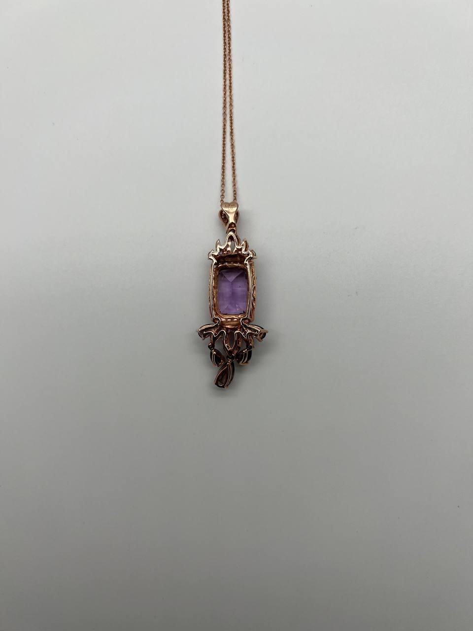 Cushion Purple Amethyst Pink Sapphire Diamonds Halo Rose Gold Pendant Necklace