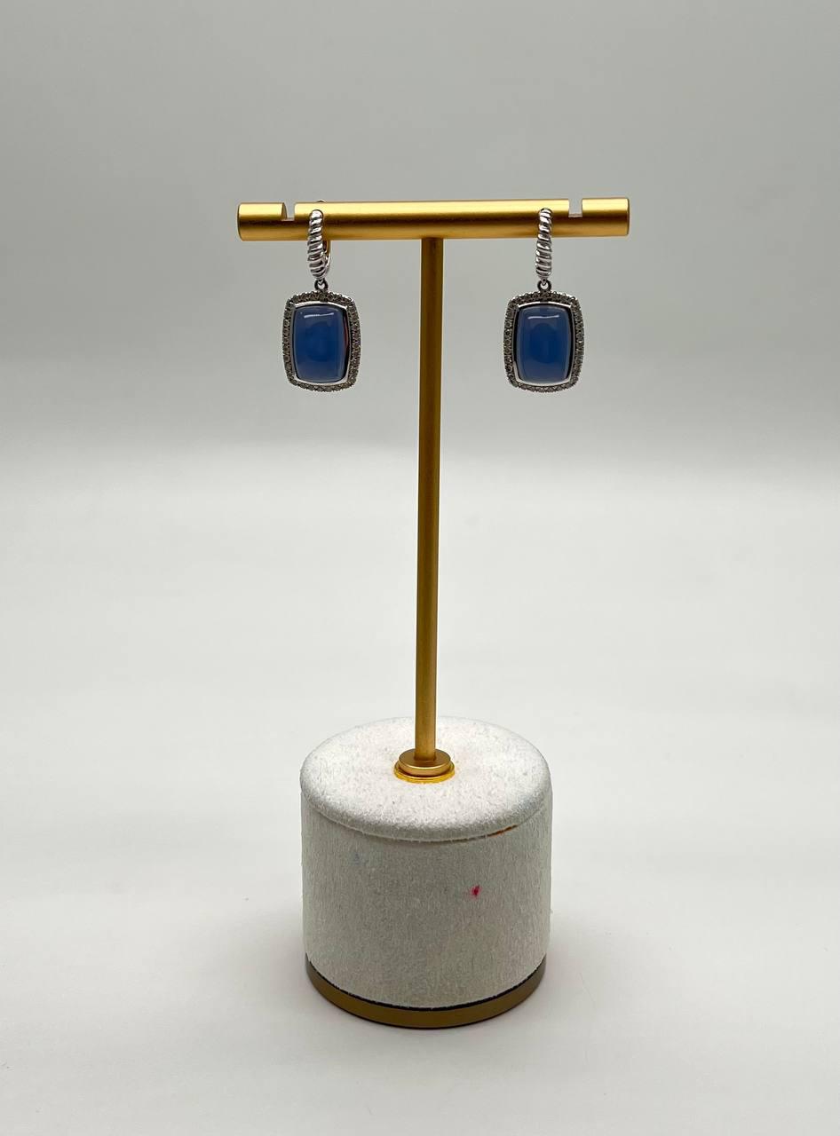 Blue Violet Chalcedony Diamond Halo 14K White Gold Statement Huggie Earrings