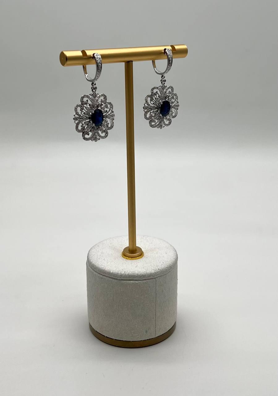 Blue Sapphire White Diamonds Symbol 14K White Gold Statement Scroll Earrings