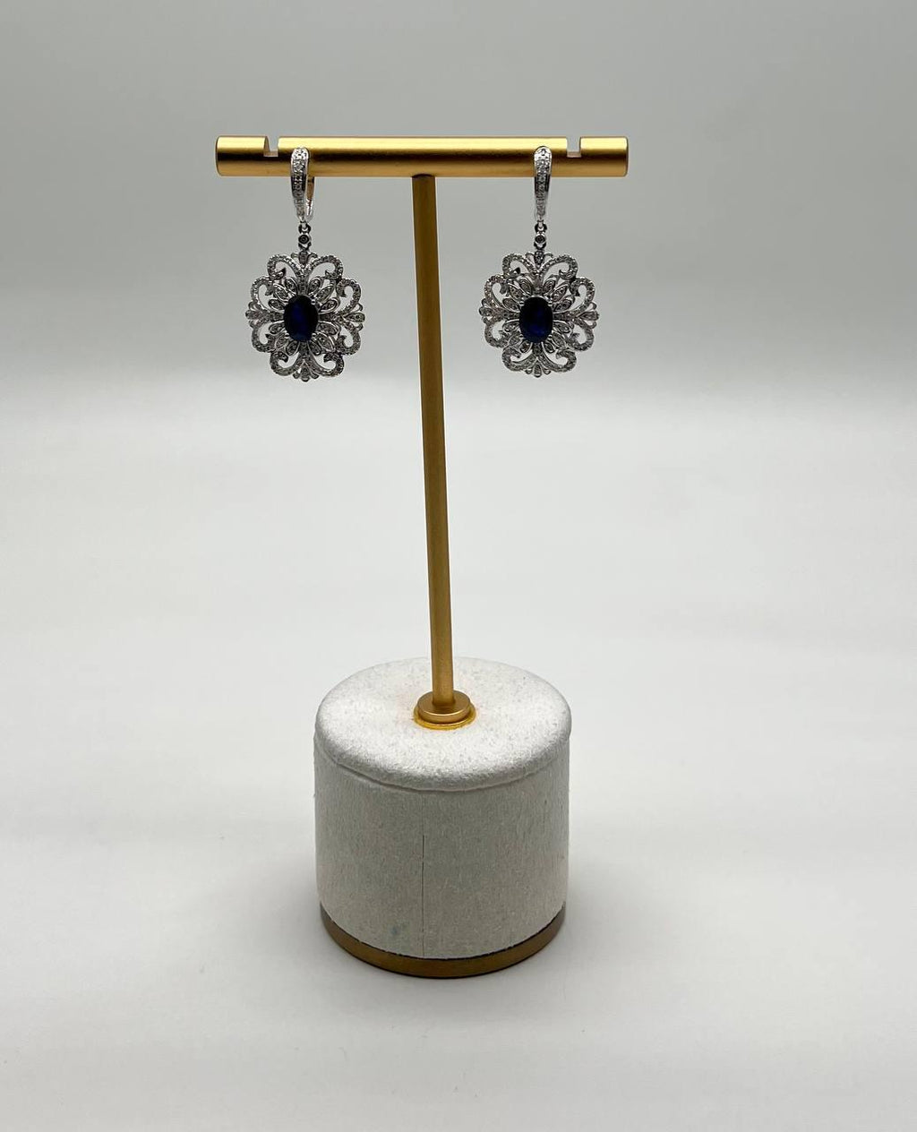 Blue Sapphire White Diamonds Symbol 14K White Gold Statement Scroll Earrings