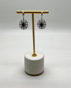 Blue Sapphire White Diamonds Symbol 14K White Gold Statement Scroll Earrings