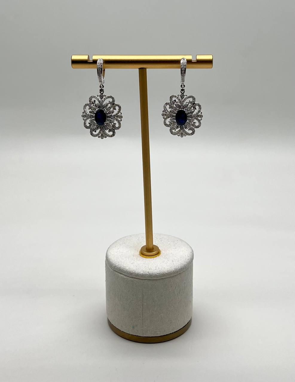 Blue Sapphire White Diamonds Symbol 14K White Gold Statement Scroll Earrings
