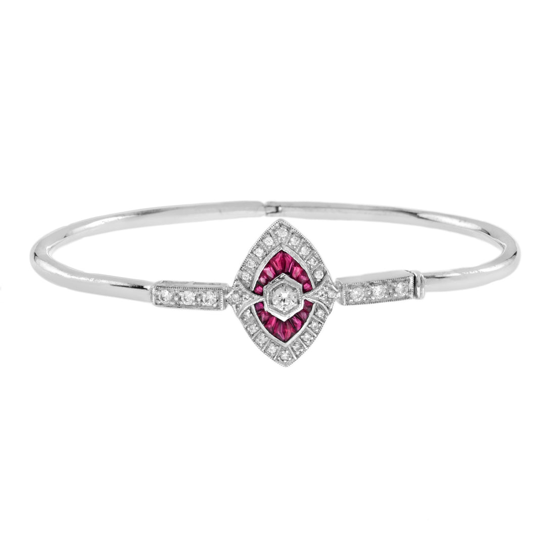 Diamond & Ruby Art Deco Inspired Fancy Halo Motif 14K White Gold Bangle Bracelet