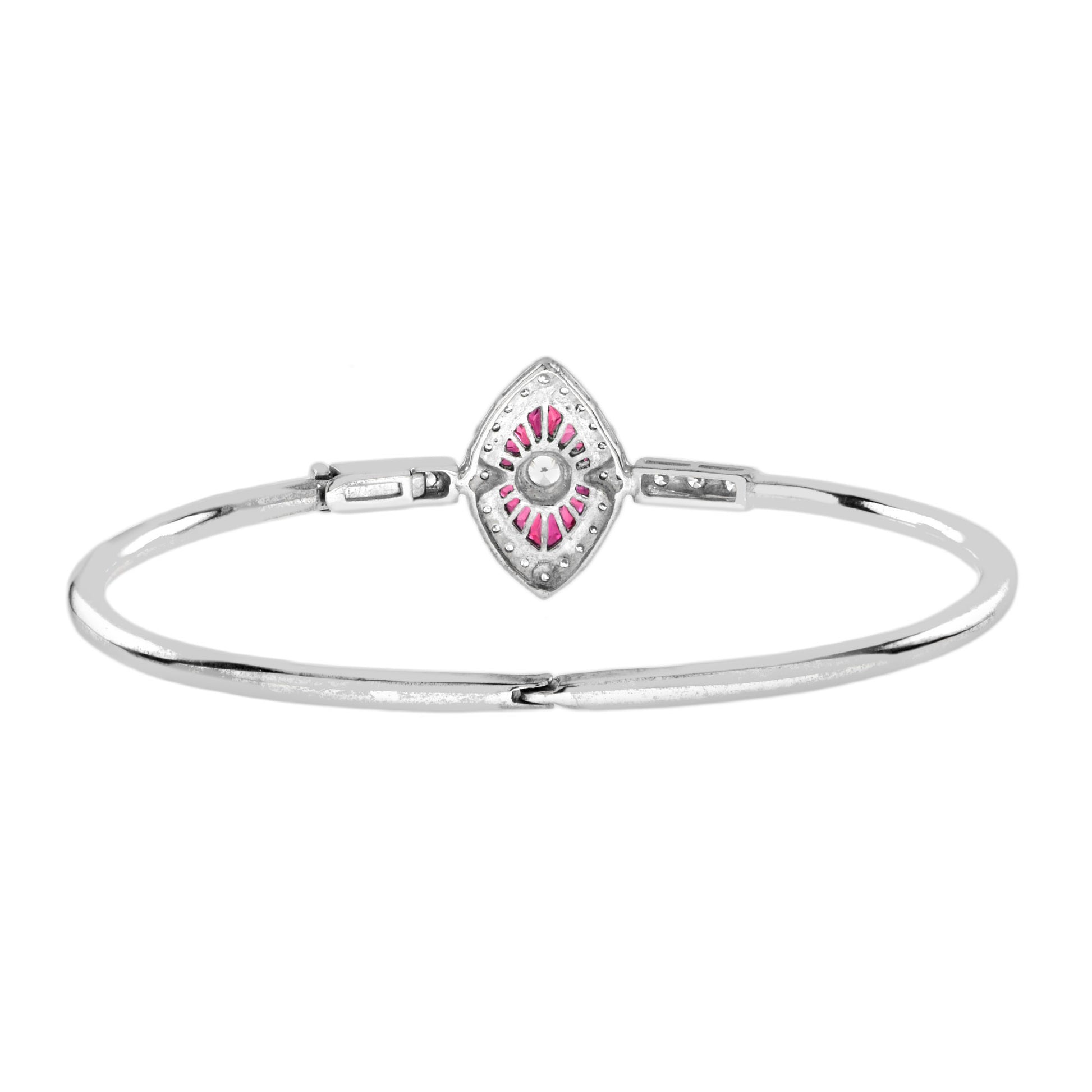 Diamond & Ruby Art Deco Inspired Fancy Halo Motif 14K White Gold Bangle Bracelet