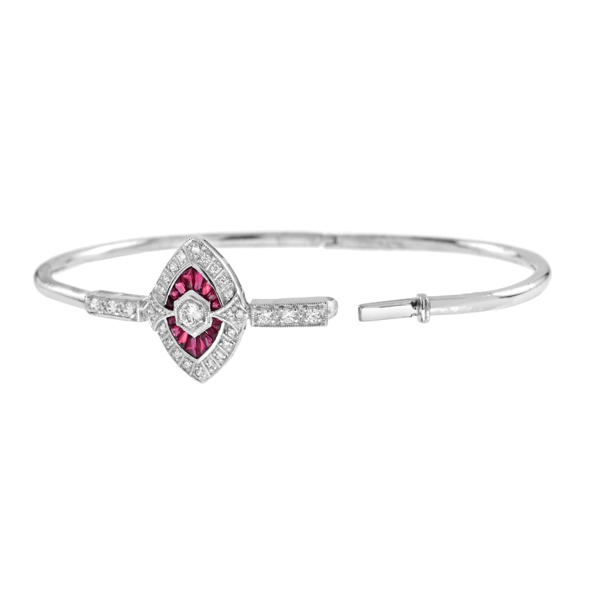 Diamond & Ruby Art Deco Inspired Fancy Halo Motif 14K White Gold Bangle Bracelet