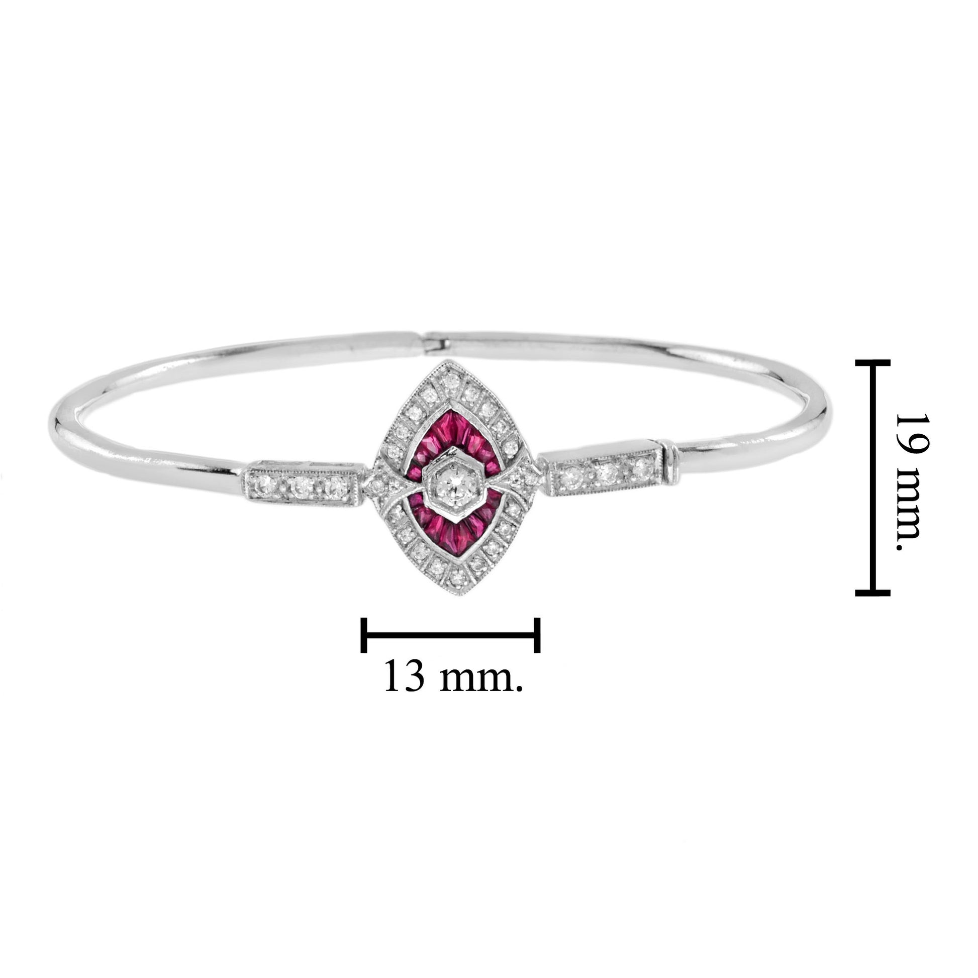 Diamond & Ruby Art Deco Inspired Fancy Halo Motif 14K White Gold Bangle Bracelet