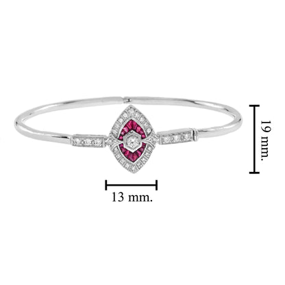 Diamond & Ruby Art Deco Inspired Fancy Halo Motif 14K White Gold Bangle Bracelet