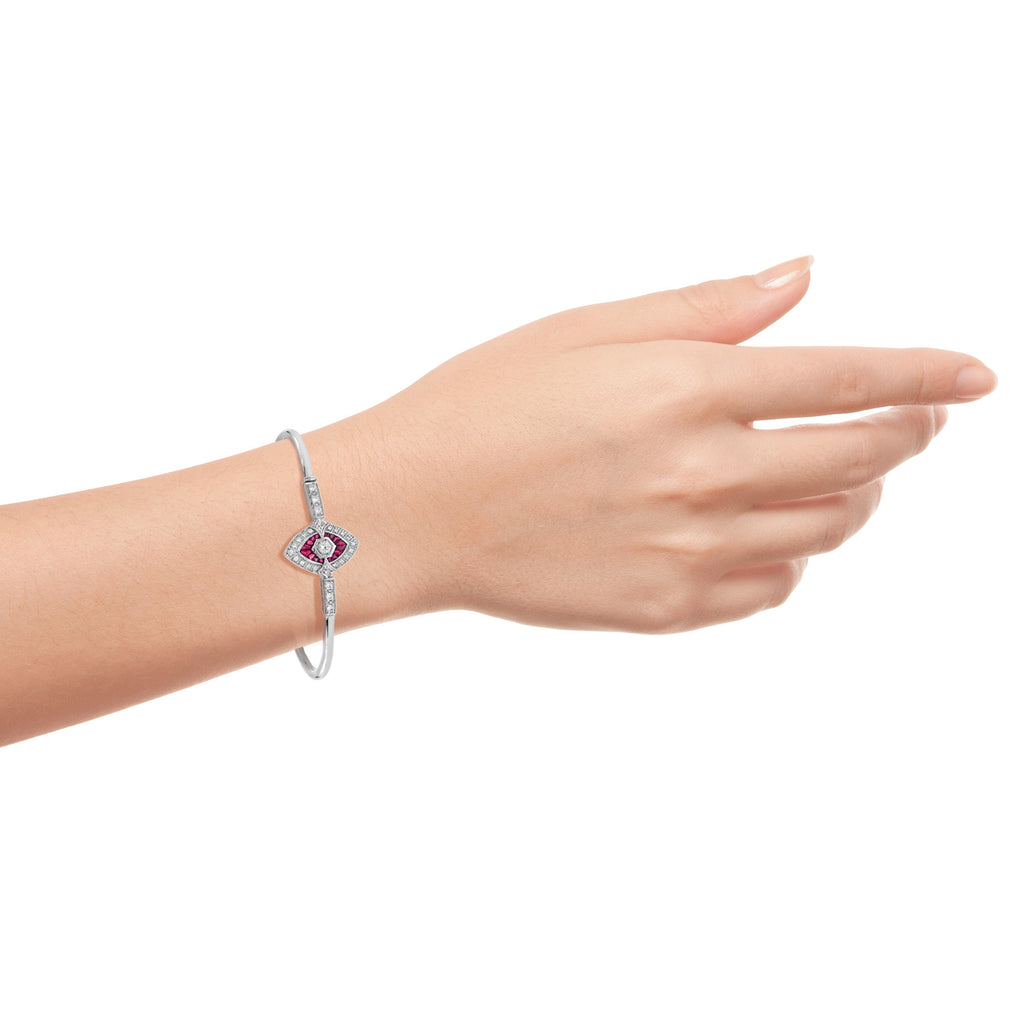 Diamond & Ruby Art Deco Inspired Fancy Halo Motif 14K White Gold Bangle Bracelet