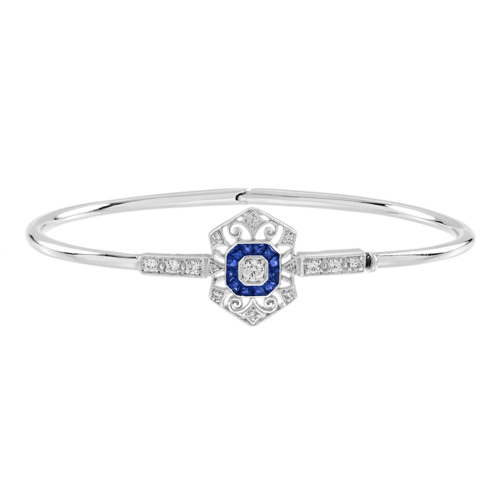 1.74 ctw Art Deco Blue Sapphire & Diamond 14K White Gold Openwork Bangle