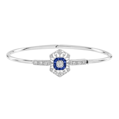 1.74 ctw Art Deco Blue Sapphire &amp; Diamond 14K White Gold Openwork Bangle