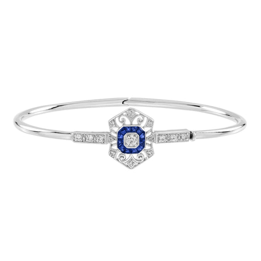 Diamond & Blue Sapphire Vintage Inspired Art Deco Style Openwork Bangle