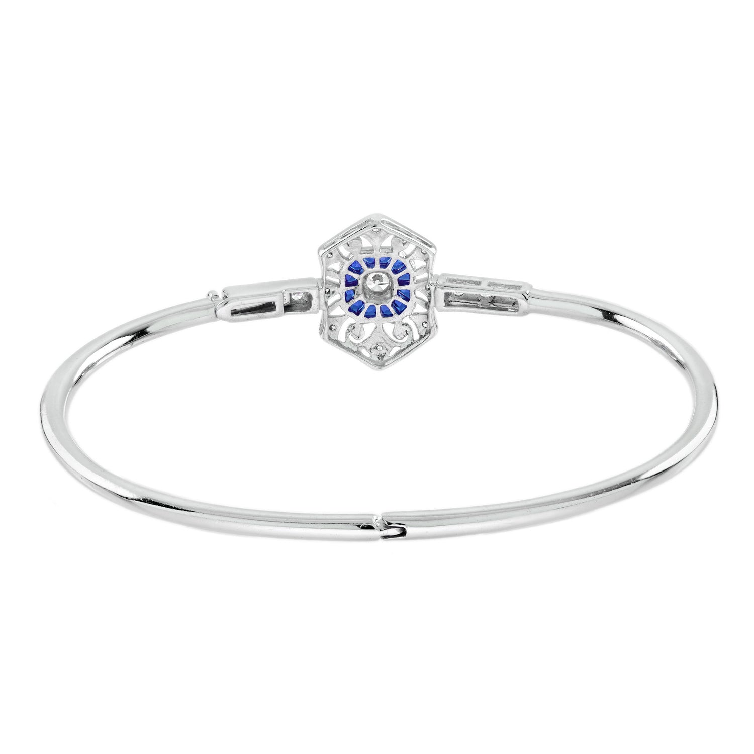 1.74 ctw Art Deco Blue Sapphire &amp; Diamond 14K White Gold Openwork Bangle