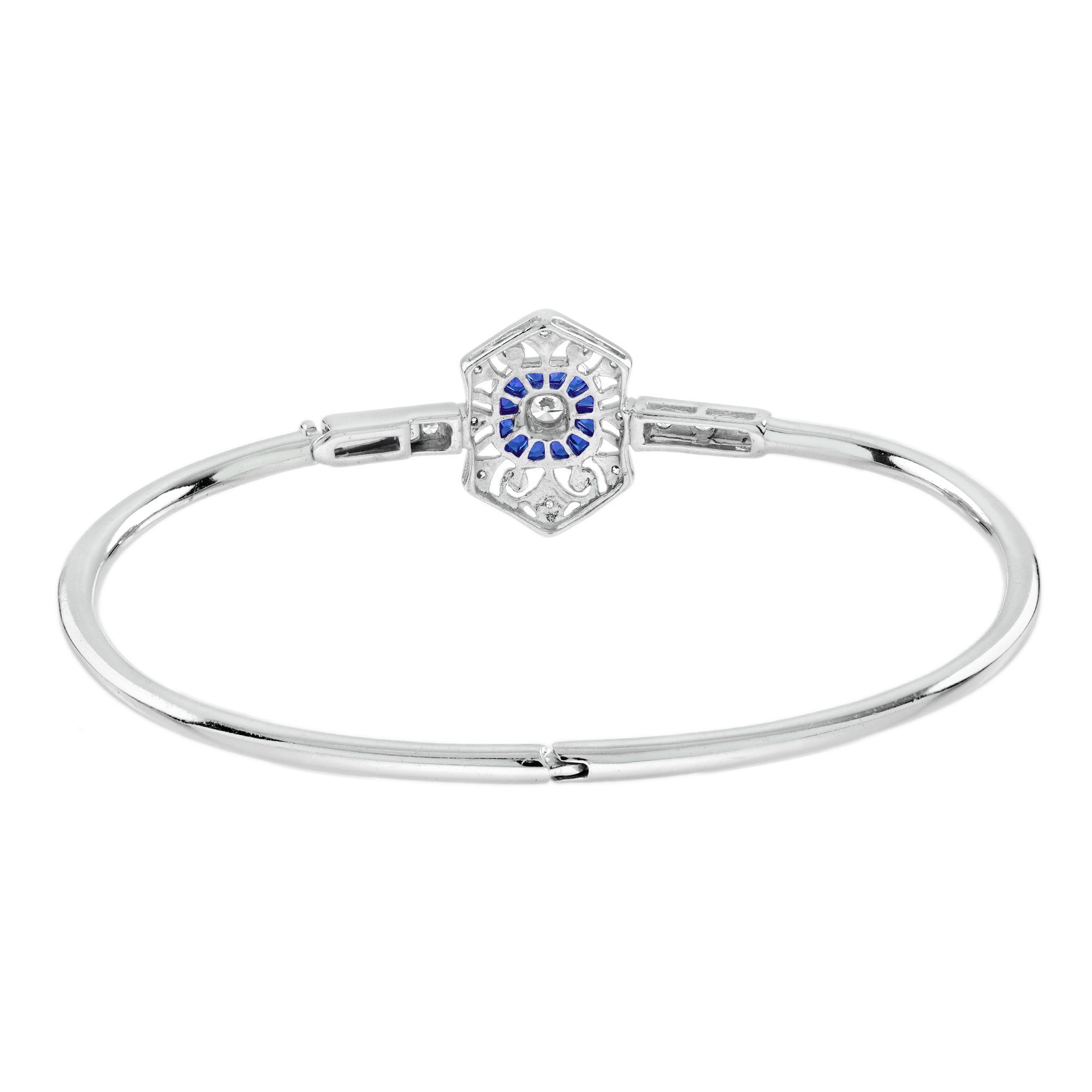 1.74 ctw Art Deco Blue Sapphire &amp; Diamond 14K White Gold Openwork Bangle
