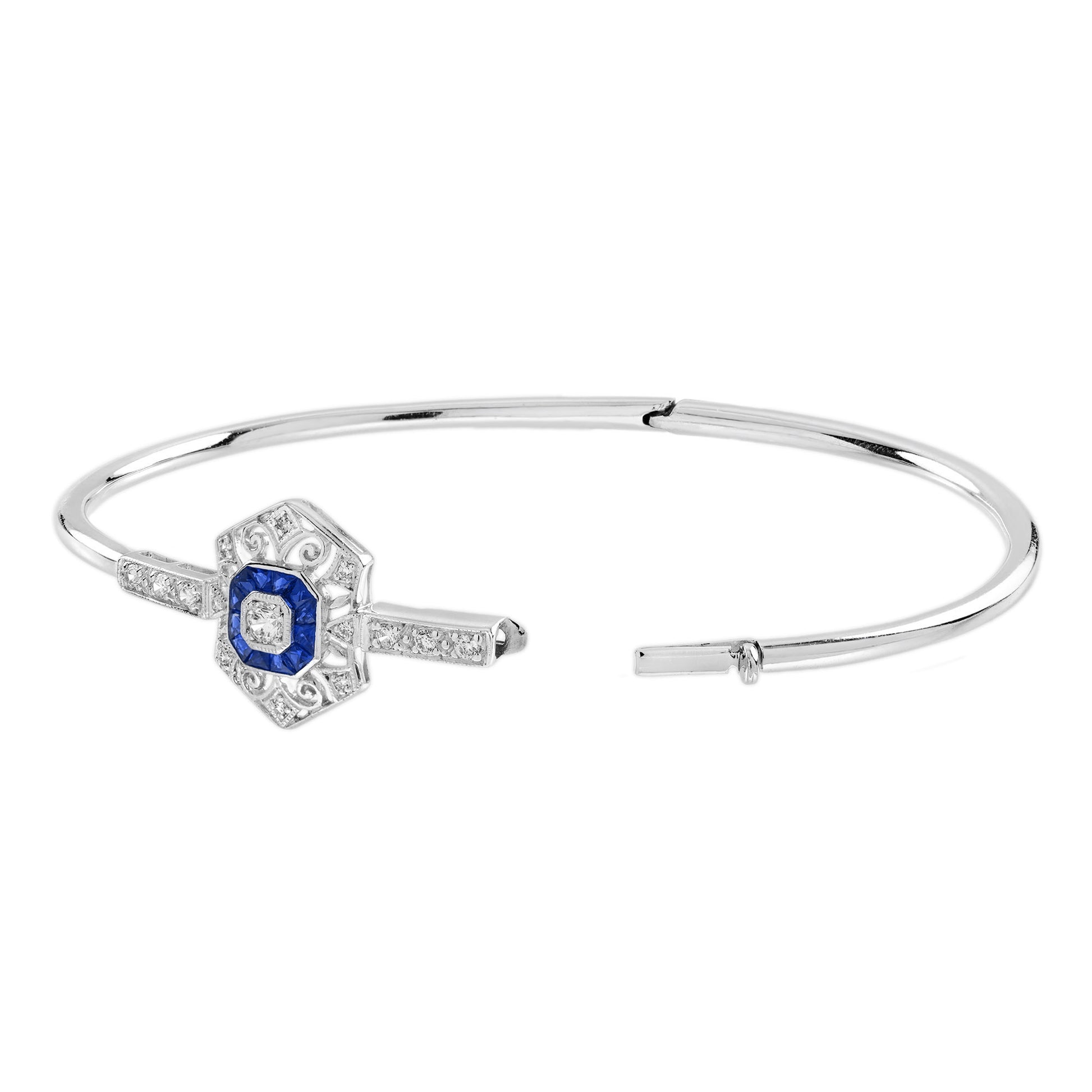 Diamond Sapphire Edwardian Style Openwork Bangle Bracelet & Ring Jewelry Set