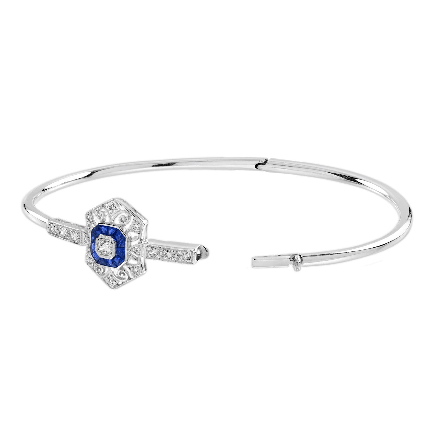 1.74 ctw Art Deco Blue Sapphire &amp; Diamond 14K White Gold Openwork Bangle