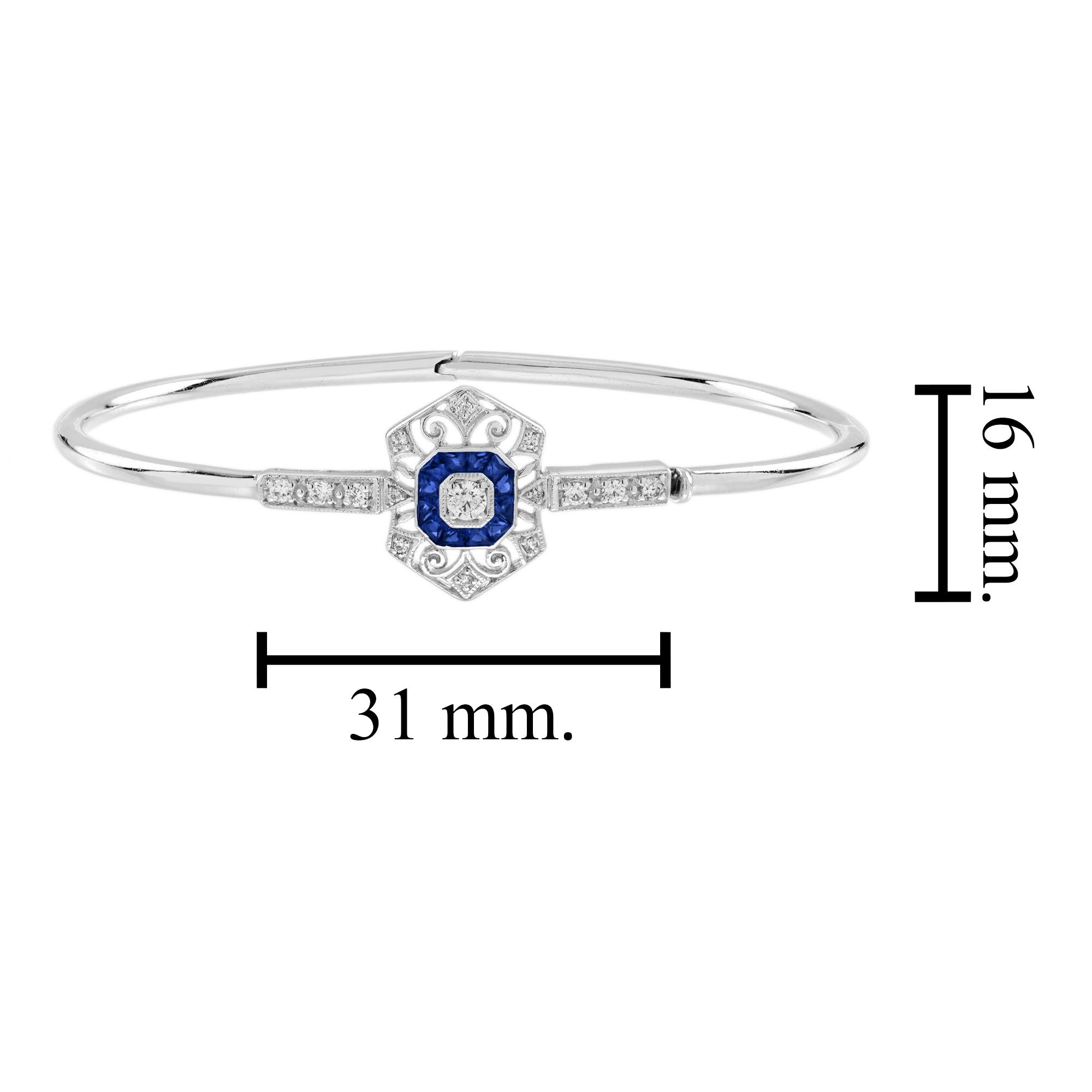 1.74 ctw Art Deco Blue Sapphire &amp; Diamond 14K White Gold Openwork Bangle