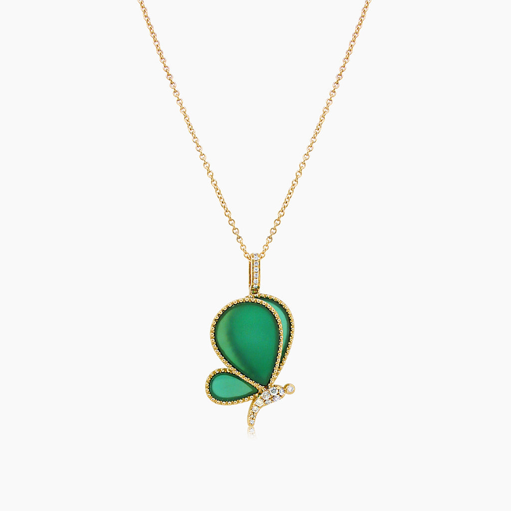Green Agate Wings & Diamonds Butterfly Fantasy 18K Yellow Gold Pendant Necklace