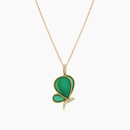 Green Agate Wings & Diamonds Butterfly Fantasy 18K Yellow Gold Pendant Necklace