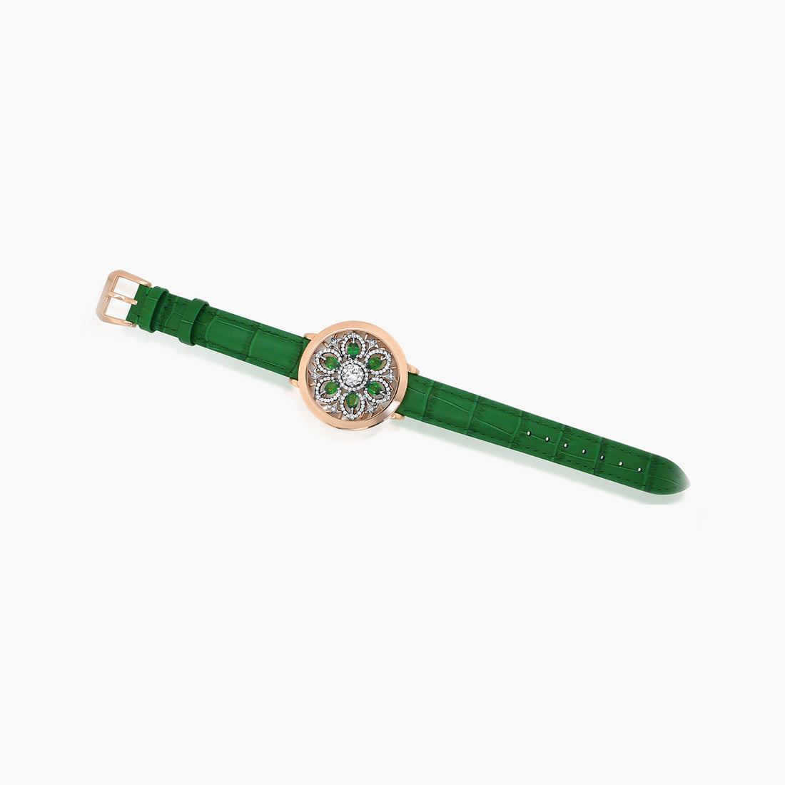 White Pearl & Diamond & Green Garnet 18K Rose Gold Watch Dial Leather Bracelet