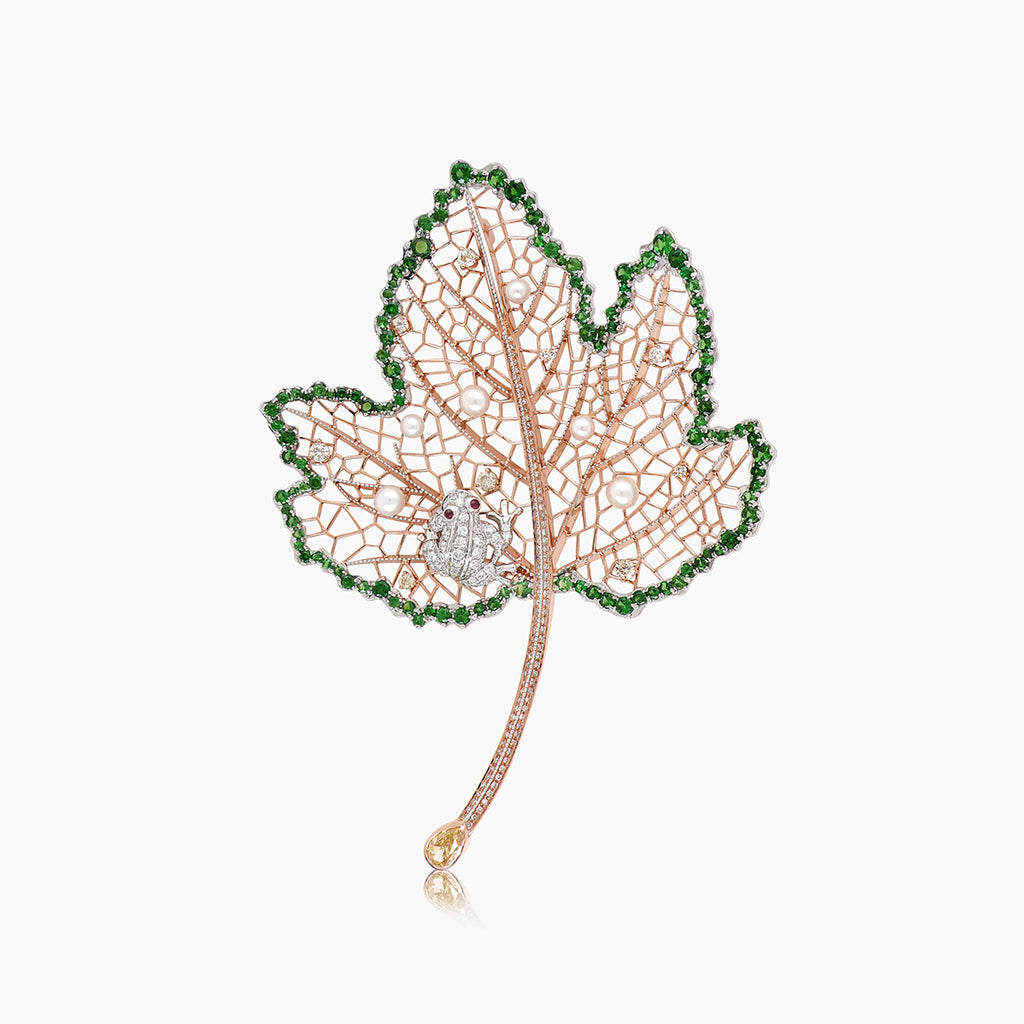 Green Garnet Ruby & Diamond 18K Rose Gold Leaf Frog Brooch