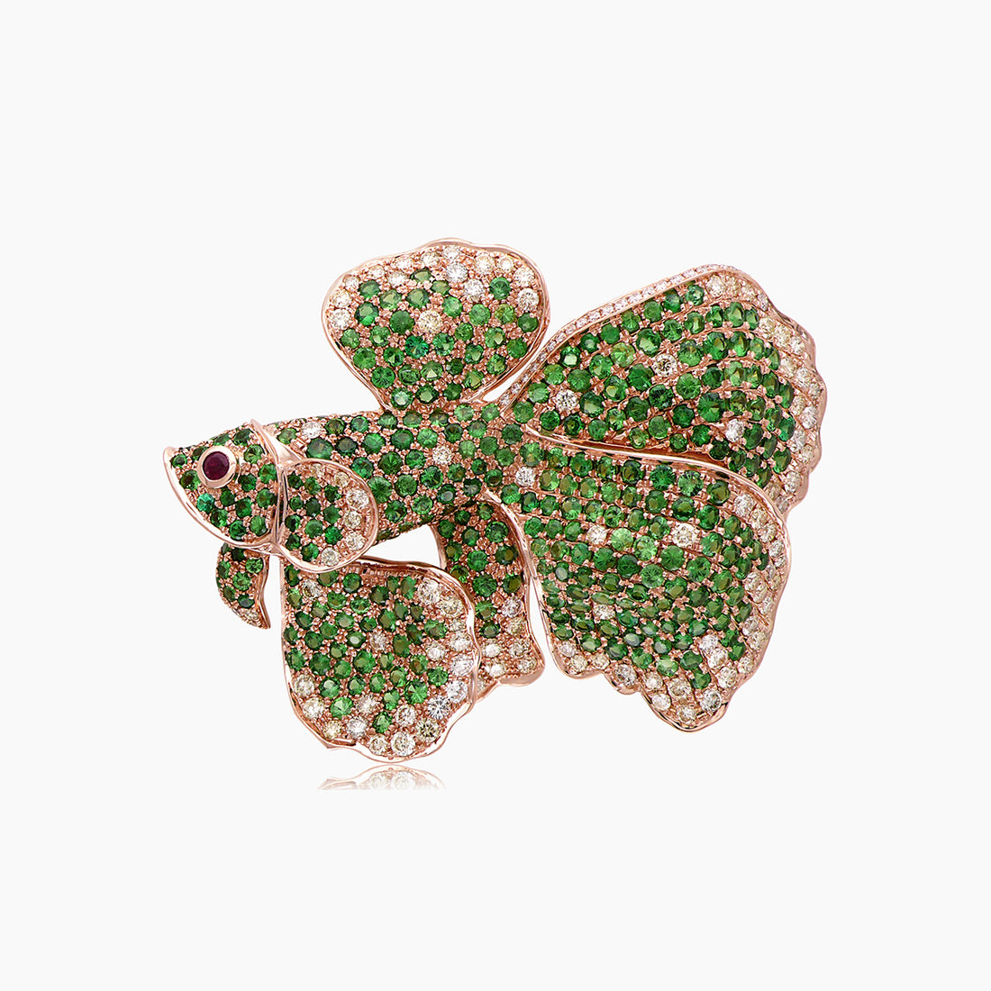 Sea Lion Fish Diamond & Green Garnet & Ruby 18K Rose Gold Pin Brooch