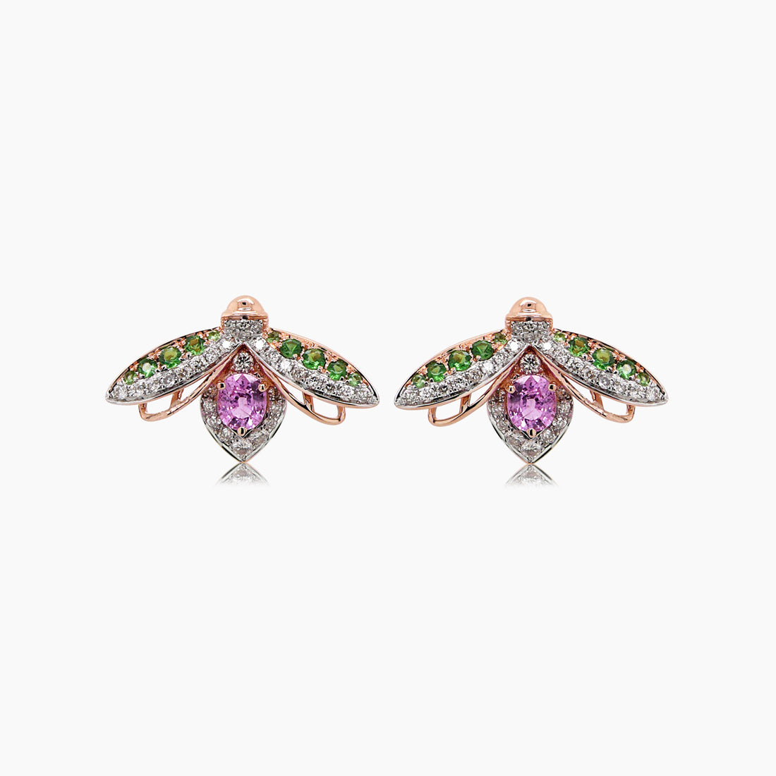 Pink Sapphire &amp; White Diamond Pave Bee 18K Rose Gold Animal Stud Earrings