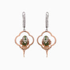 Multicolor Sapphire & Green Garnet & Diamond Parrot Bird 18K Two Tone Earrings