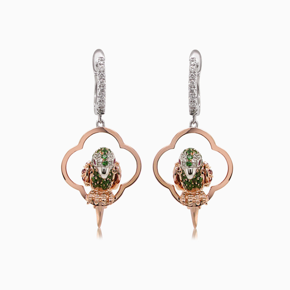 multicolor sapphire & green garnet & diamond parrot bird 18k two tone earrings