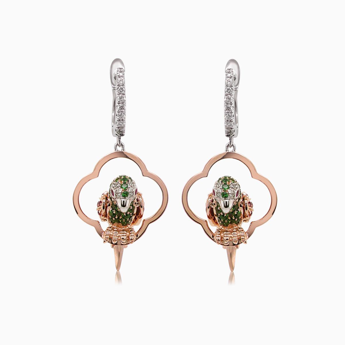 Multicolor Sapphire & Green Garnet & Diamond Parrot Bird 18K Two Tone Earrings