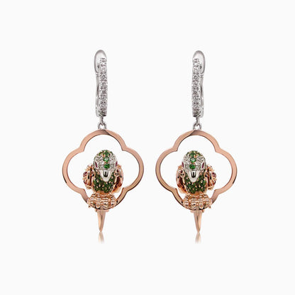 Multicolor Sapphire & Green Garnet & Diamond Parrot Bird 18K Two Tone Earrings