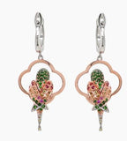 Multicolor Sapphire & Green Garnet & Diamond Parrot Bird 18K Two Tone Earrings